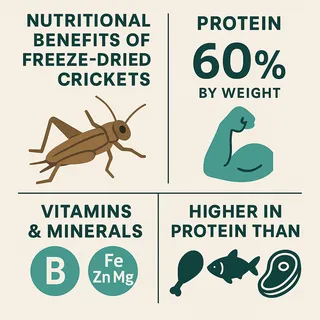 Infographic showing nutritional benefits of freeze-dried crickets