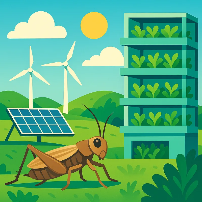 Illustration of sustainable protein production with crickets and modern vertical farming